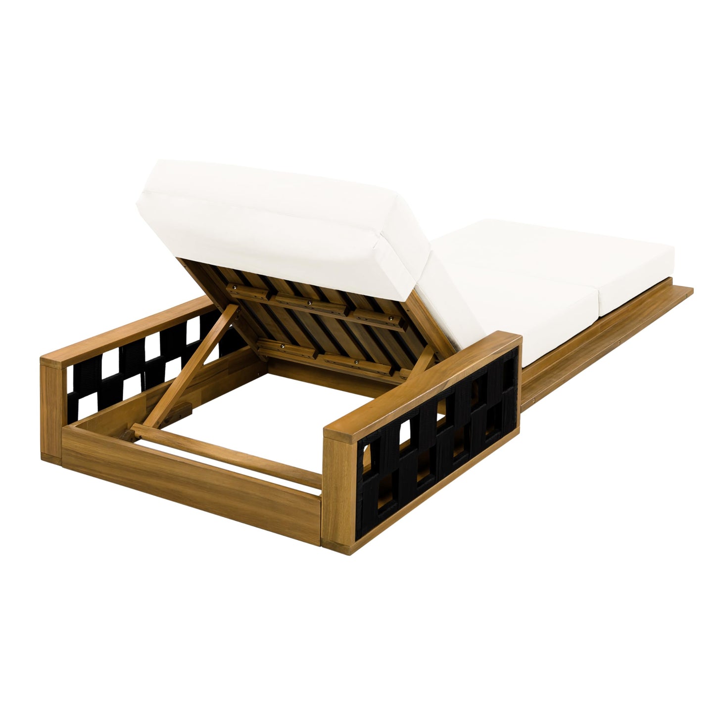Merax Acacia Wood Patio Chaise Lounge Set of 4, Outdoor Reclining Chairs with 4-Position Adjustable Backrest, 4-Piece Sunbathing Recliner & 4" Thick Four-fold Cushion for Poolside, Garden, Cream