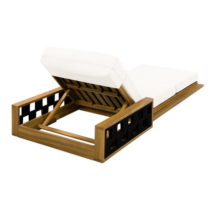 Merax Acacia Wood Patio Chaise Lounge Set of 4, Outdoor Reclining Chairs with 4-Position Adjustable Backrest, 4-Piece Sunbathing Recliner & 4" Thick Four-fold Cushion for Poolside, Garden, Cream