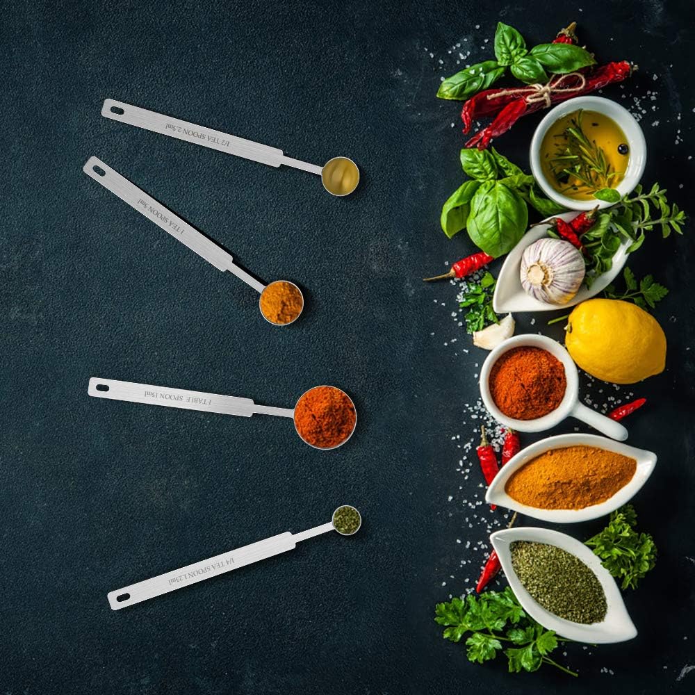 7 Inches Long Handle Measuring Spoons Set, Premium Stainless Steel Spoon for Accurate Measure Liquid or Dry Ingredients.