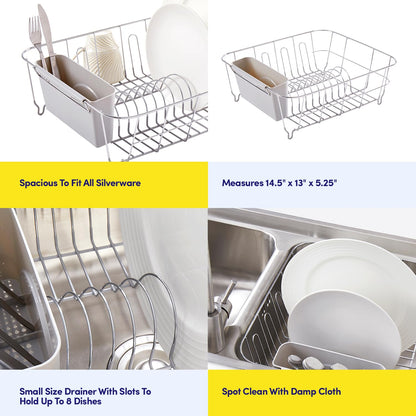 Dish Drying Rack & Cutlery Holder 2 Piece Set - Compact Sink-Fitting Dish Drainer with Rubberized Undercoating, Space-Saving Kitchen Organizer for Plates, Cups, Bowls & Utensils in Sink, Silver