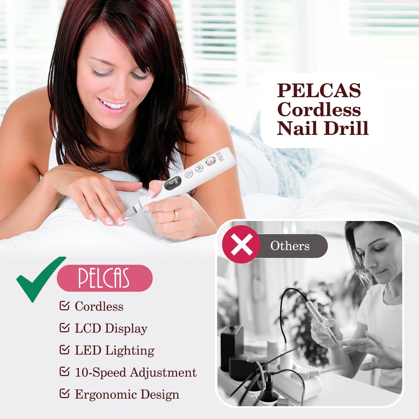 PELCAS Electric Nail Grinder, 10 Speeds Cordless Nail Drill with LED Light, Portable Manicure and Pedicure Kit, Nail File with LCD Screen for Human, Pet, Thick Toenails, Natural & Acrylic Nails Grey
