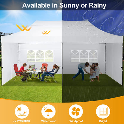 COBIZI 10x20 Pop Up Canopy with 6 Sidewall,Heavy Duty Canopy UPF 50+ All Season Wind Waterproof Commercial Outdoor Wedding Party Tents for Parties Gazebo with Roller Bag(10 x 20 ft Snow White)