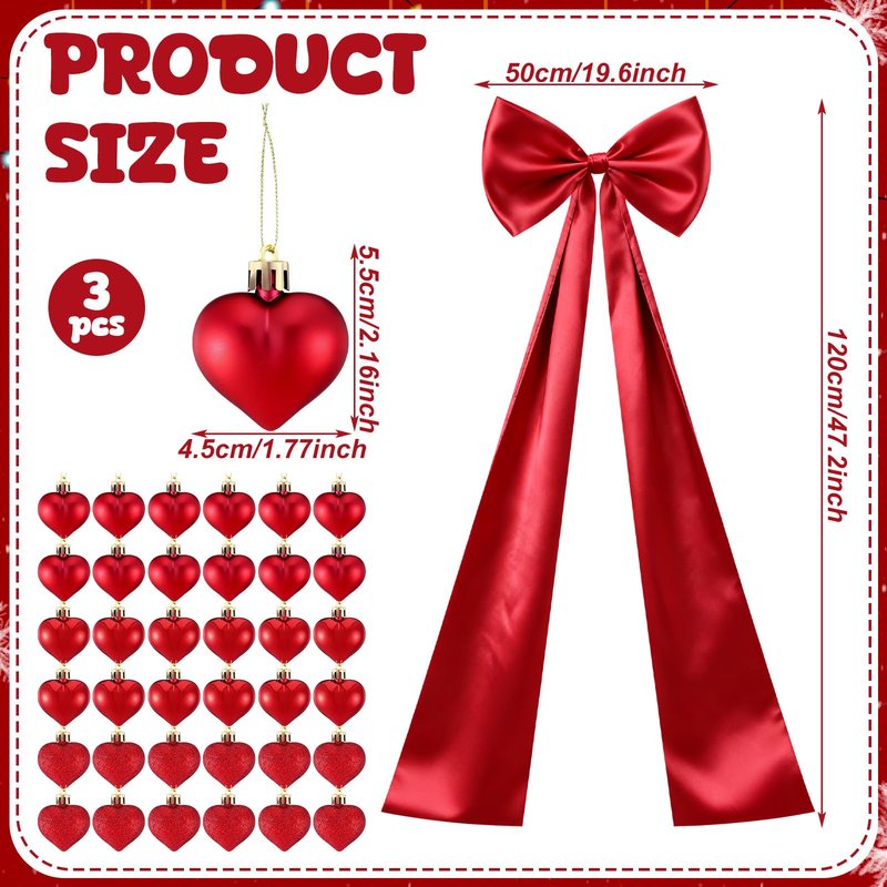 CraftyDream Valentine's Day Tree Topper Giant Bow Decor Satin 47.2 Inch with 36 Pcs Heart Ornaments Romantic Tree Decorations Ribbon Topper Bow Large Outdoor for Home Valentine's Hanging Decor(Red)