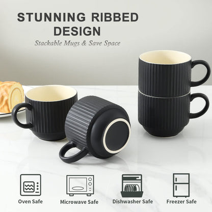 HASENSE Coffee Mug Ceramic Set of 4 with Stand, Stackable Large Latte Cups with Metal Stand, Dishwasher & Microwave Safe, Black for Cappuccino Tea Hot Cocoa
