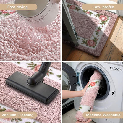 Pretty Floral Rural Style Romantic Rose Flower Rug, Soft Non-Slip Shaggy Area Bath Mat for Bathroom Living Room