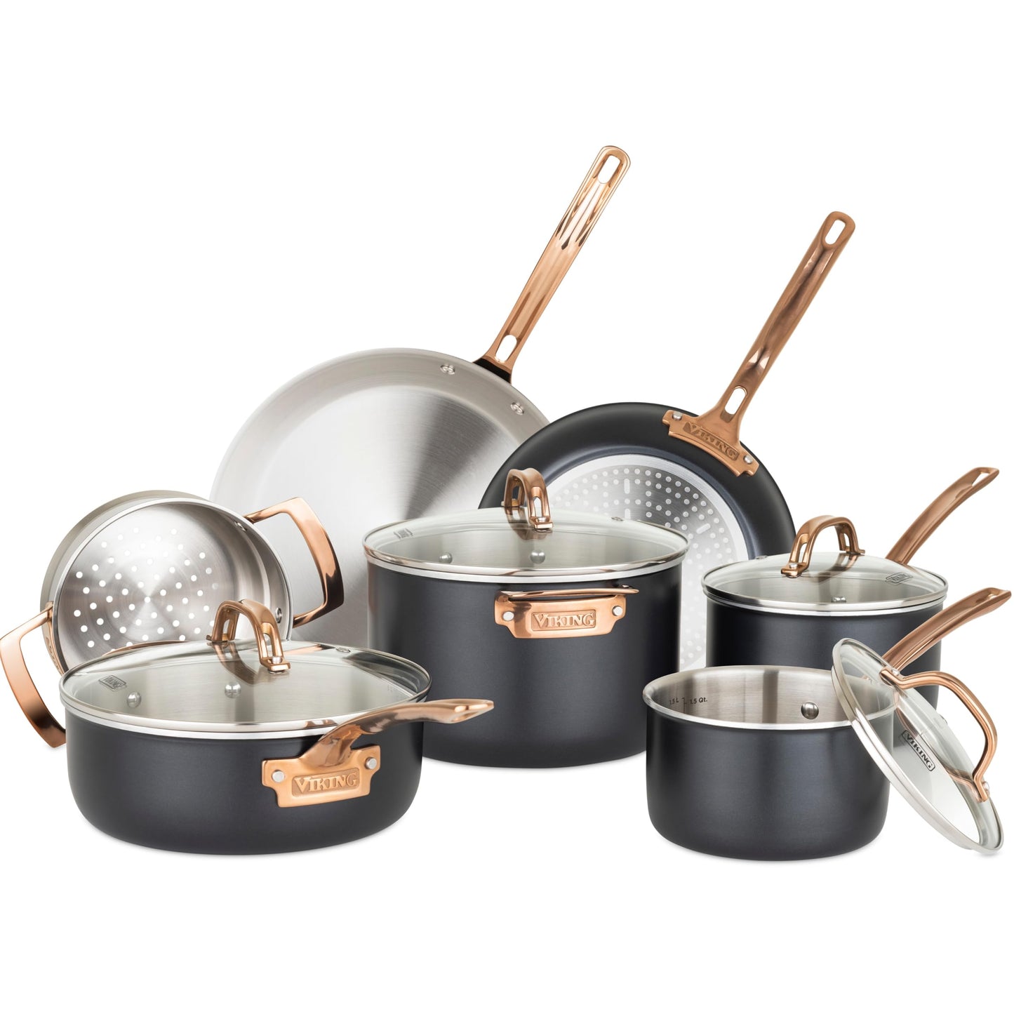 Viking 3 Ply Pots and Pans Set, 11 Piece Stainless Steel Kitchen Cookware with Glass Lids, Black with Copper