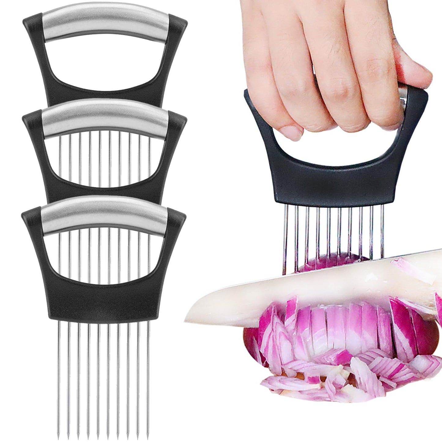 JAYVAR Onion Holder for Slicing, 3 Pieces Tomato Slicer, Stainless Steel Onion Chopper Veggie Cutter for Potato and Avocados, Food Slicer Assistant Tool, Useful Kitchen Gadgets Meat Tenderizer