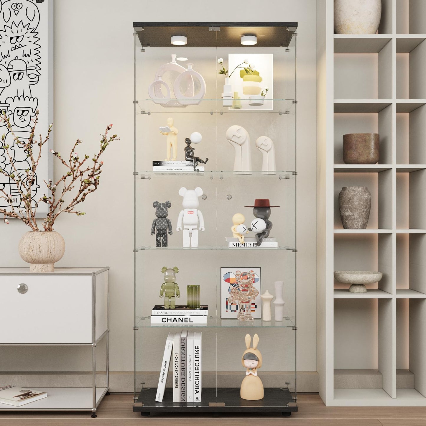 Beauty4U Glass Display Cabinet with Lights, 5 Shelves with 2 Doors, Curio Cabinets for Living Room, Bedroom, Office, Black Floor Standing Glass Bookshelf, Quick Installation