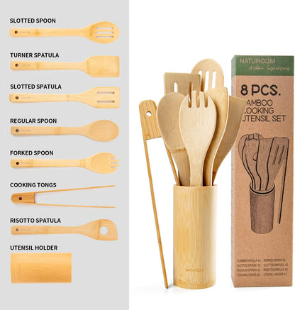 Kitchen Utensils Set of 8 PCS, 12 Inches Bamboo Wooden Cooking Spoon & Spatula Tools for Non-Stick Cookware (Bamboo)