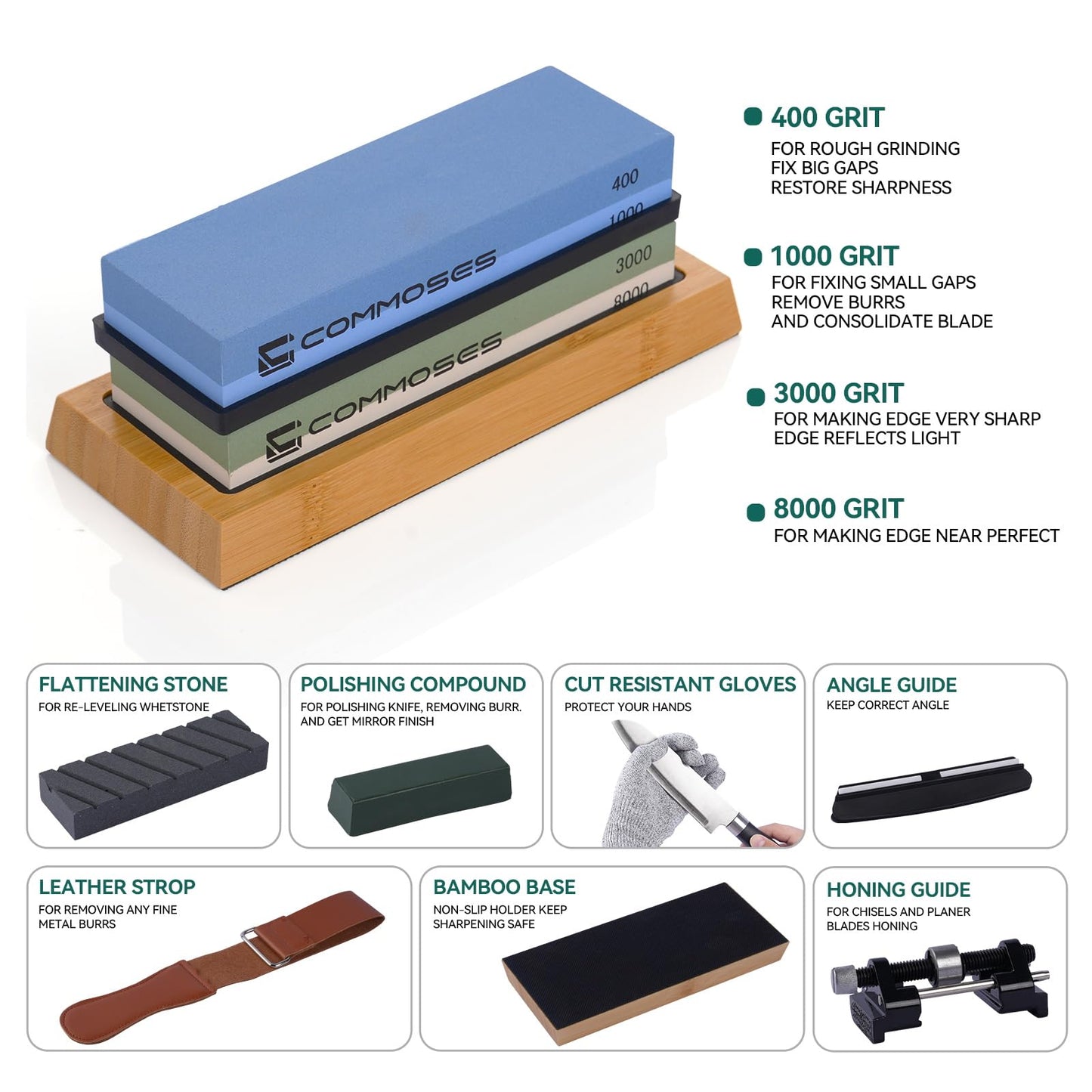 Whetstone Sharpening Stone Knife Sharpener Stone Set: 4 Side 8000|3000 1000|400 in Kitchen With Bamboo Base,Cut Resistant Gloves,Angle Guide,Honing Guide,Flattening Stone,Leather Strop,Rubber pad