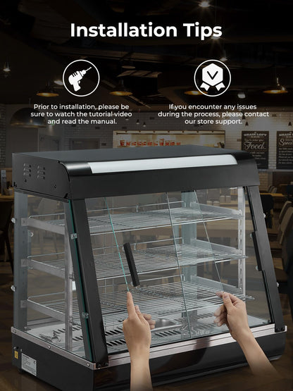 Commercial Food Warmer 26", 3-Tier Heated Display Case with Water Tray, 1200W Pizza Pastry Warmer, Adjustable Thermostat 86-185°F, LED Lighting, Removable Shelves for Buffet, Bakery, Catering