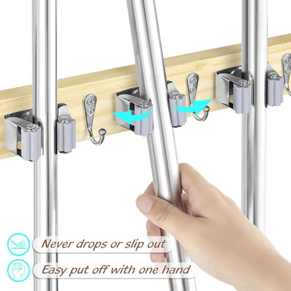 OUTNILI Mop and Broom Holder Wall Mount - Light Wood Organizer with 4 Slots & Hooks for Garage, Closet, Kitchen