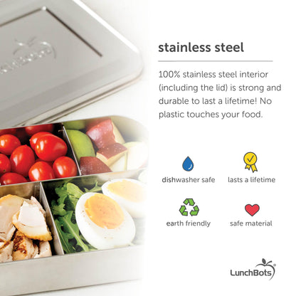 LunchBots Large Trio Stainless Steel Lunch Container -Three Section Design for Sandwich and Two Sides - Metal Bento Lunch Box - Eco-Friendly - Stainless Lid - Green Dots