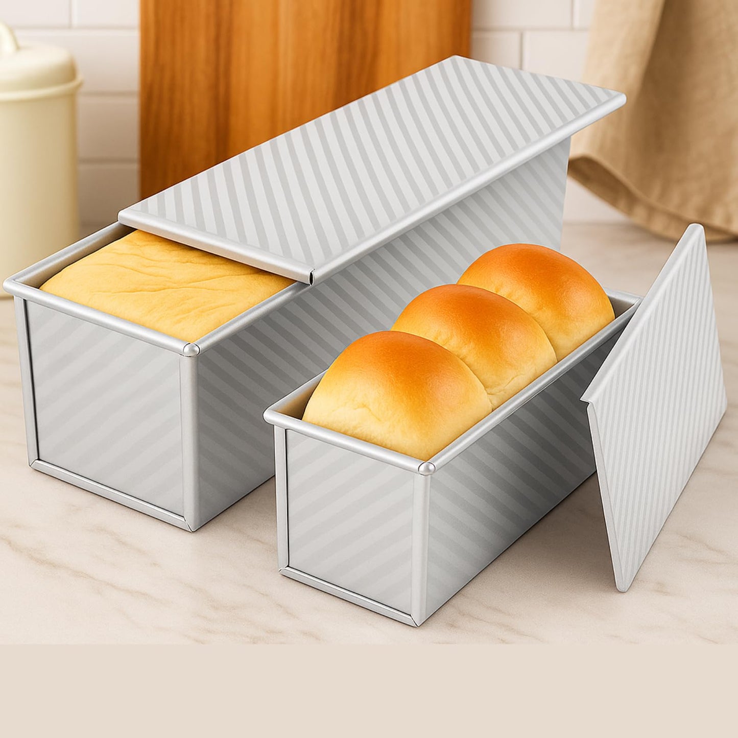 Logario 2-Pack Pullman Loaf Pan with Lid –Includes Two Size 13 by 5 & 8.4 by 4.8 Loaf Pan, Silver Textured Finish, Vented Bottom, Nonstick Bread Pan Set, Ideal for Sandwich Bread, Toast, Sourdough
