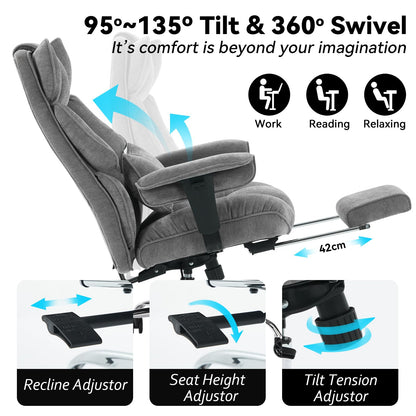 Efomao Executive Office Chair, Soft-Cushioned Computer Chair with Foot Rest, Fabric Home Office Desk Chairs, Big and Tall Office Chairs, Grey