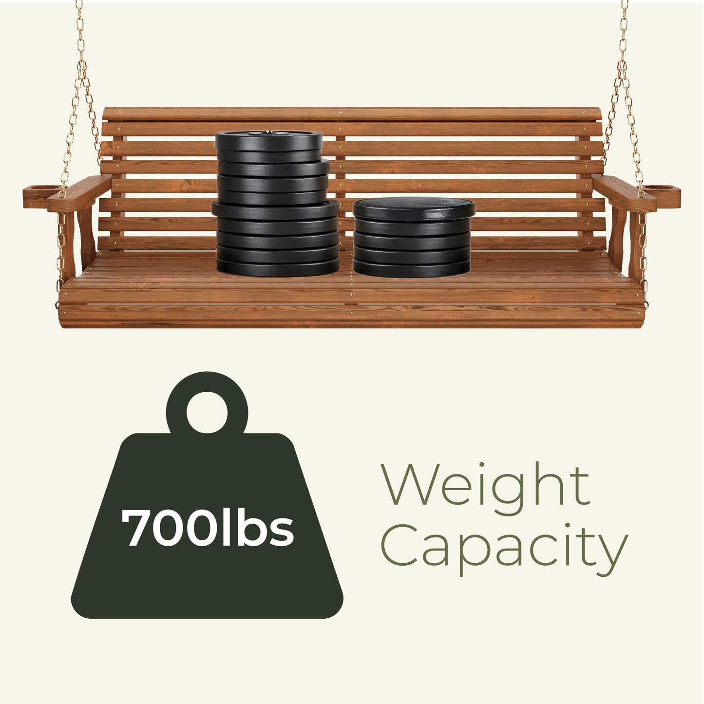 Amish Casual Heavy Duty 700 Lb Capacity Porch Swing with Cup Holders (4 Foot, Oak Stain) – Wooden Outdoor Roll Back Swing with Hanging Chains – Amish Made in the USA