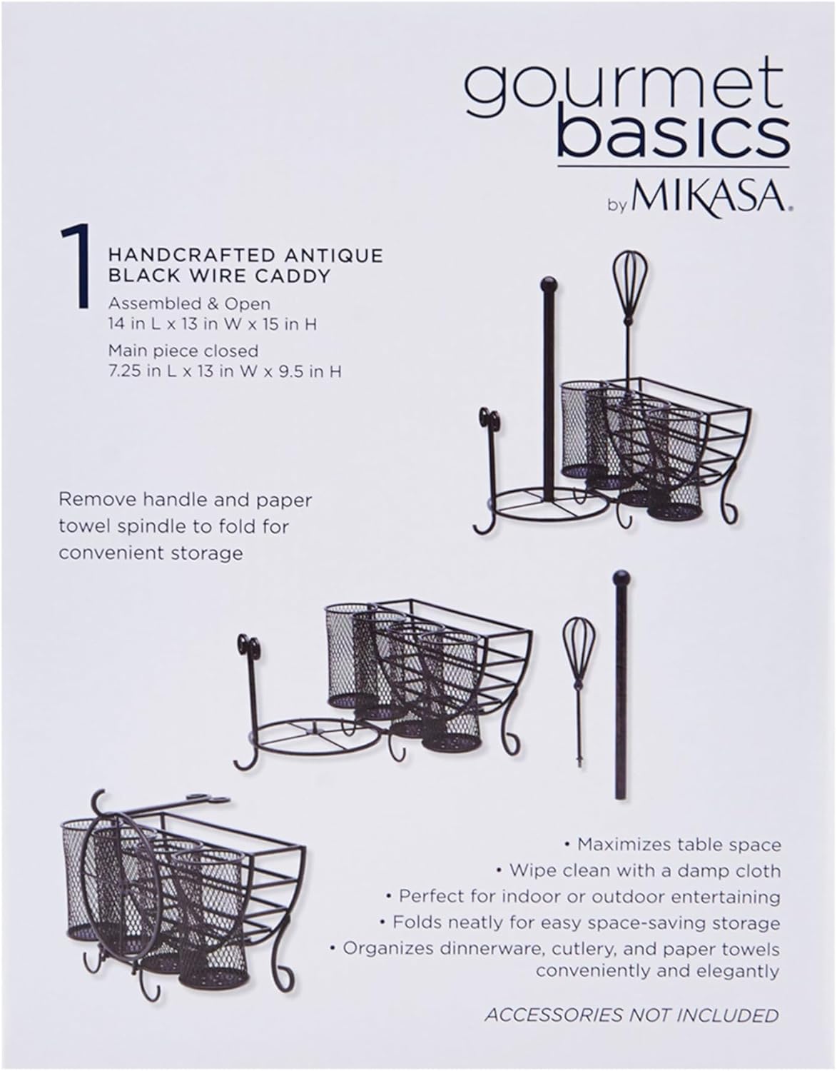 15 14 13 Mikasa Gourmet Basics Avilla Picnic Caddy, Antique Black Finish, Paper Plate Organizer with Flatware Canisters