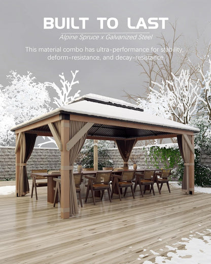 10x12 FT Hardtop Wooden Gazebo with Galvanized Steel Double Roof, Aluminum Frame, Mosquito Netting & Curtains – Durable Outdoor Pavilion for Patio, Backyard, Deck & Lawn