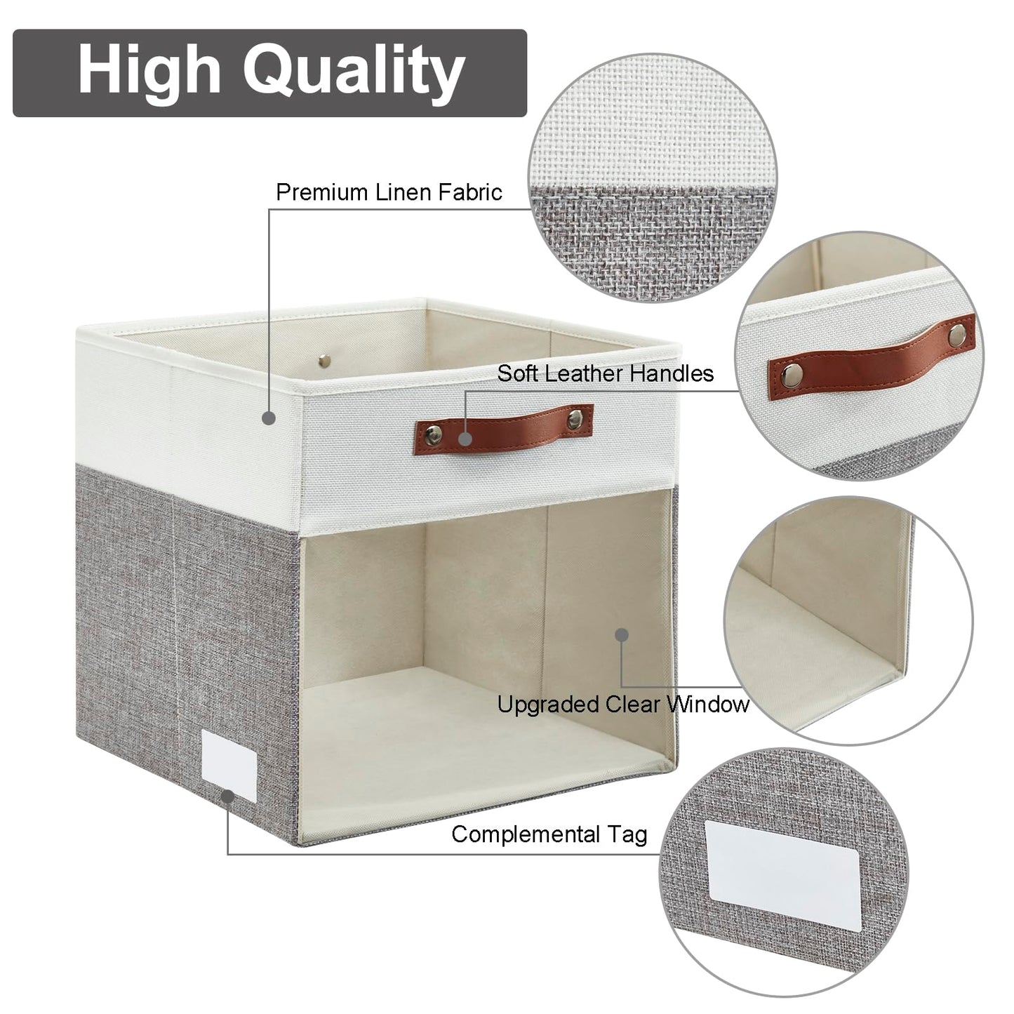Bagnizer Storage Cubes, 4 Pack Linen Foldable Storage Bins (13 x 13 inch) with Clear Window and 2 Handles, Closet Organizers and Storage for Shelf Closet, Clothes, Books - (Gray and White)