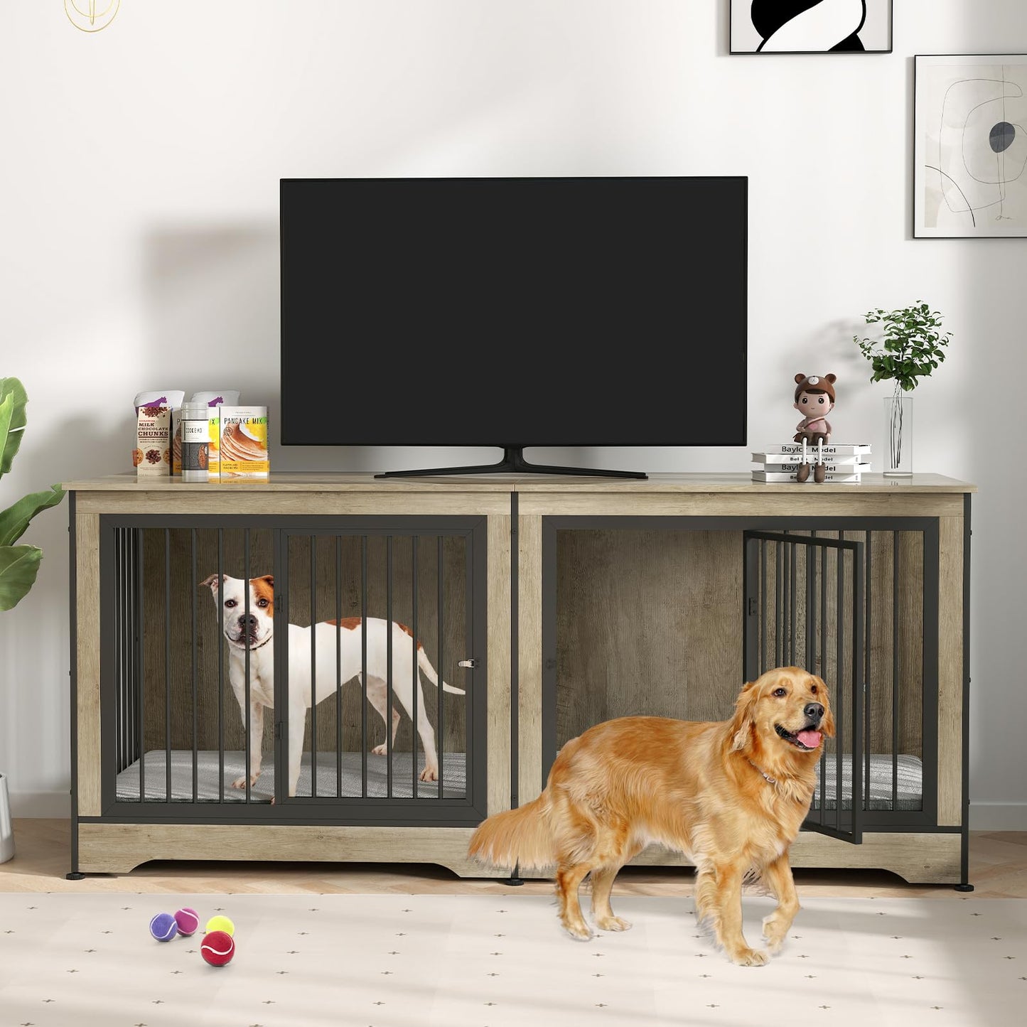Rovibek 75 Inch Dog Crate Furniture for 2 Dogs, Wooden Dog Cage Furniture, Decorative Dog Kennels with Double Doors, Double Dog Kennel Furniture, Dog Crate TV Stand for Large Dogs, Grey