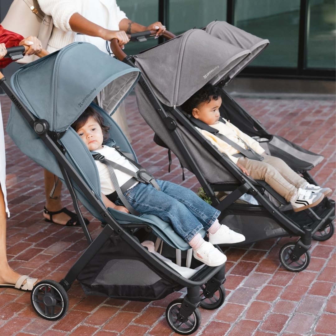 UPPAbaby Minu Duo Side-by-Side Double Stroller - Lightweight + Compact Design for Travel - Easy Fold- From Birth to Toddler - Independent Recline -Greyson(Charcoal Mélange/Carbon Frame/Saddle Leather)