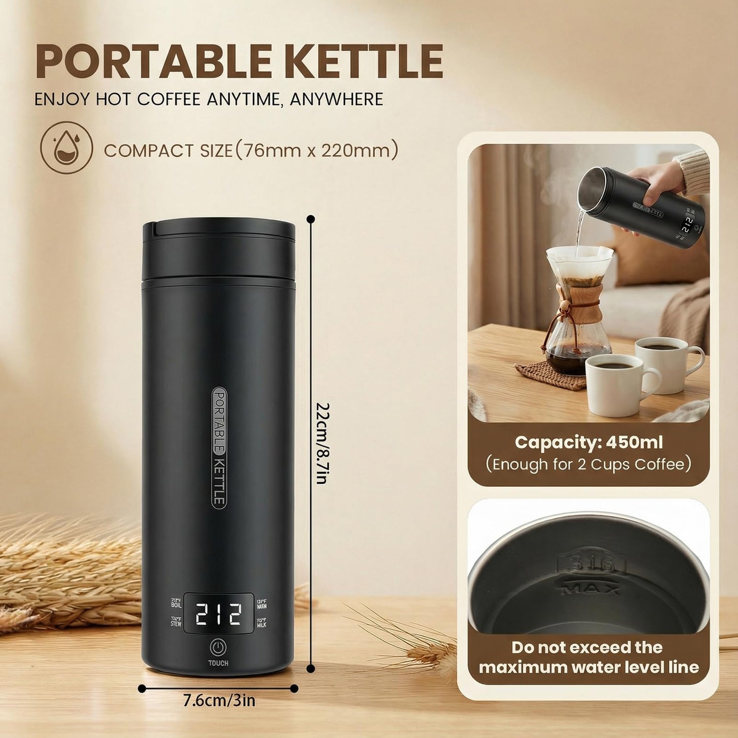Rzlinn Portable Electric Kettle （120V）, Travel Tea Kettle, 316 Stainless Steel Premium Liner, 4-speed Temperature Adjustment with Auto Shut-off and Boil-Off Protection black