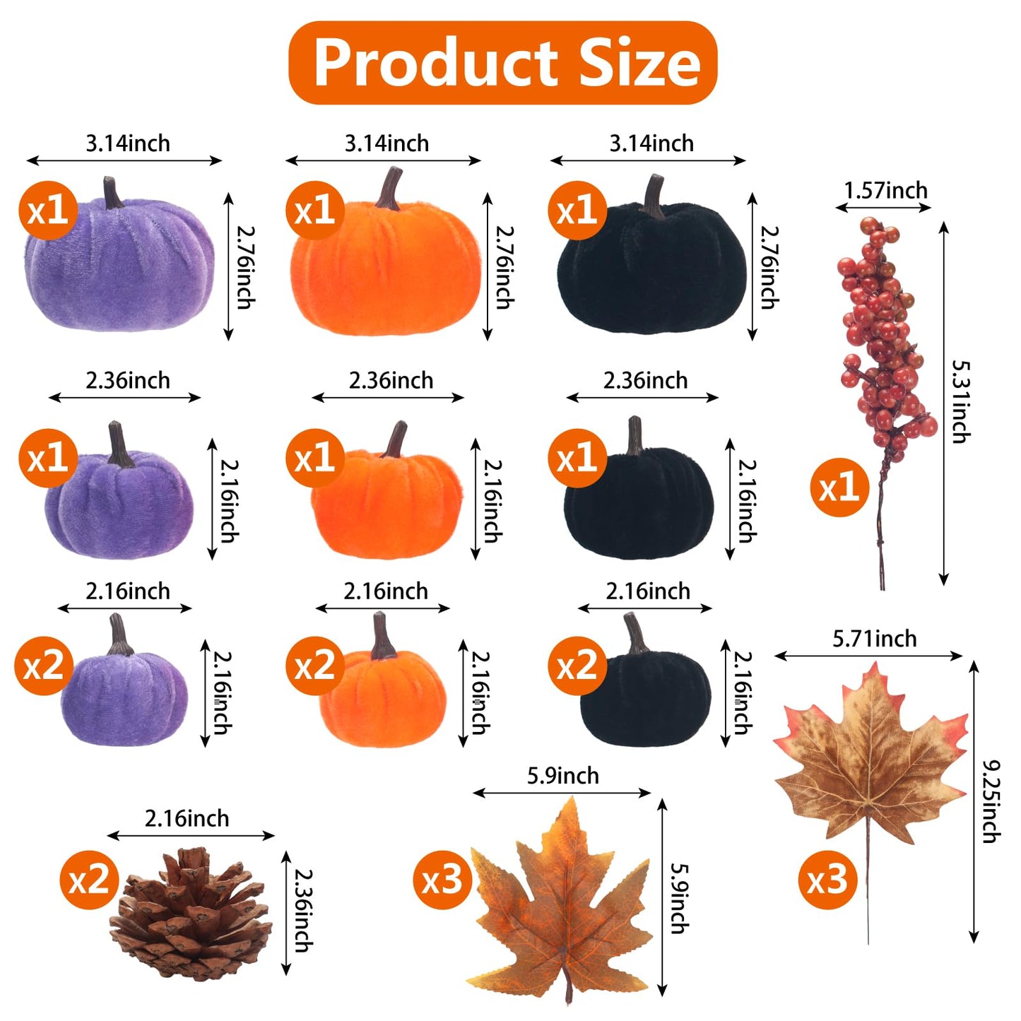 GHGMAO 21 PCS Pumpkins Decor Set, 3 Sizes Fake Velvet Pumpkin, Black Purple Orange Small Foam Pumpkin, Autumn Table Centerpiece for Thanksgiving Farmhouse Fall Harvest Halloween Party Decorations