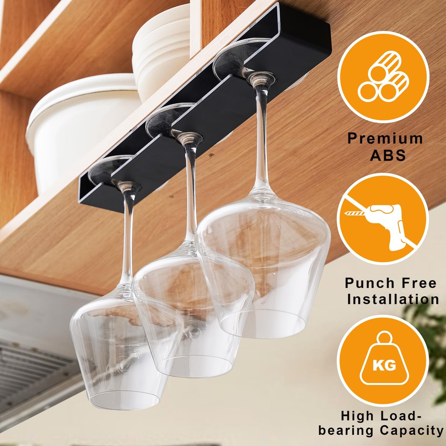 Vaisoeny Wine Glass Holder, 2 Pack, No Drilling Required, Hanging Stemware Rack Organizer for Bar Cabinet Kitchen, Black