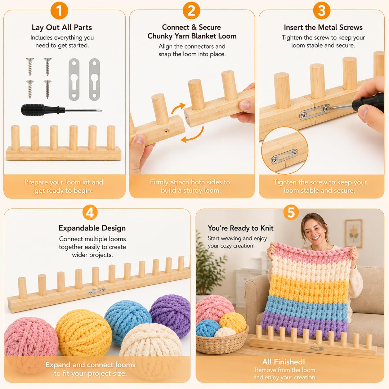TopBoAoRAA 70'' Chunky Knitting Blanket Loom, Adjustable Wood Knit Loom with Detachable Modules, Portable Hand Weaving Loom Kit for Beginners, DIY Yarn Craft Tool for Home & Trave (70 inch)
