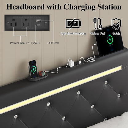 FammyLoft Queen Size Bed Frame, PU Upholstered Bed Frame with RGB LED and 4 Storage Drawers, Platform Bed Frame with Adjustable Headboard, Charging Outlet, Diamond Crystal Button, Black