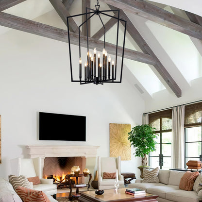Vezzio 12-Light Large Black Chandelier, D30 Inch Modern Industrial Farmhouse Lantern Pendant Light for High Ceiling Entryway, Foyer, Dining Room，Kitchen Island，Hallway，Staircase