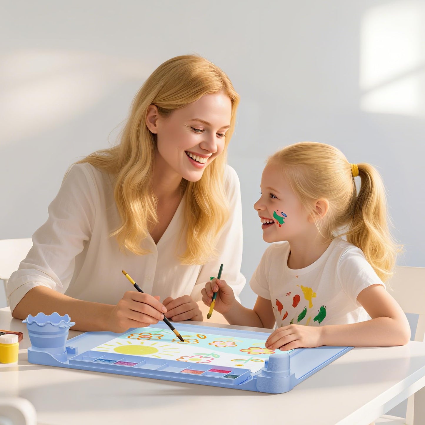 Silicone Art Mat for Kids Silicone Painting Mat Silicone Painting Station with Detachable Cup,Palette with Lid &360°Phone Holder Craft Mat for Kid Paint Mat with Bulit-in Brush Rest&Ruler 20"X16" Blue