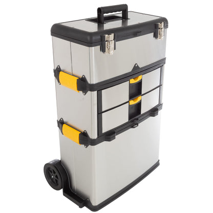 3-Part Portable Tool Box - Stainless-Steel Drawer Organizer with Wheels, Extendable Handle and Tough Latches - Rolling Tool Chest by Stalwart (Silver)