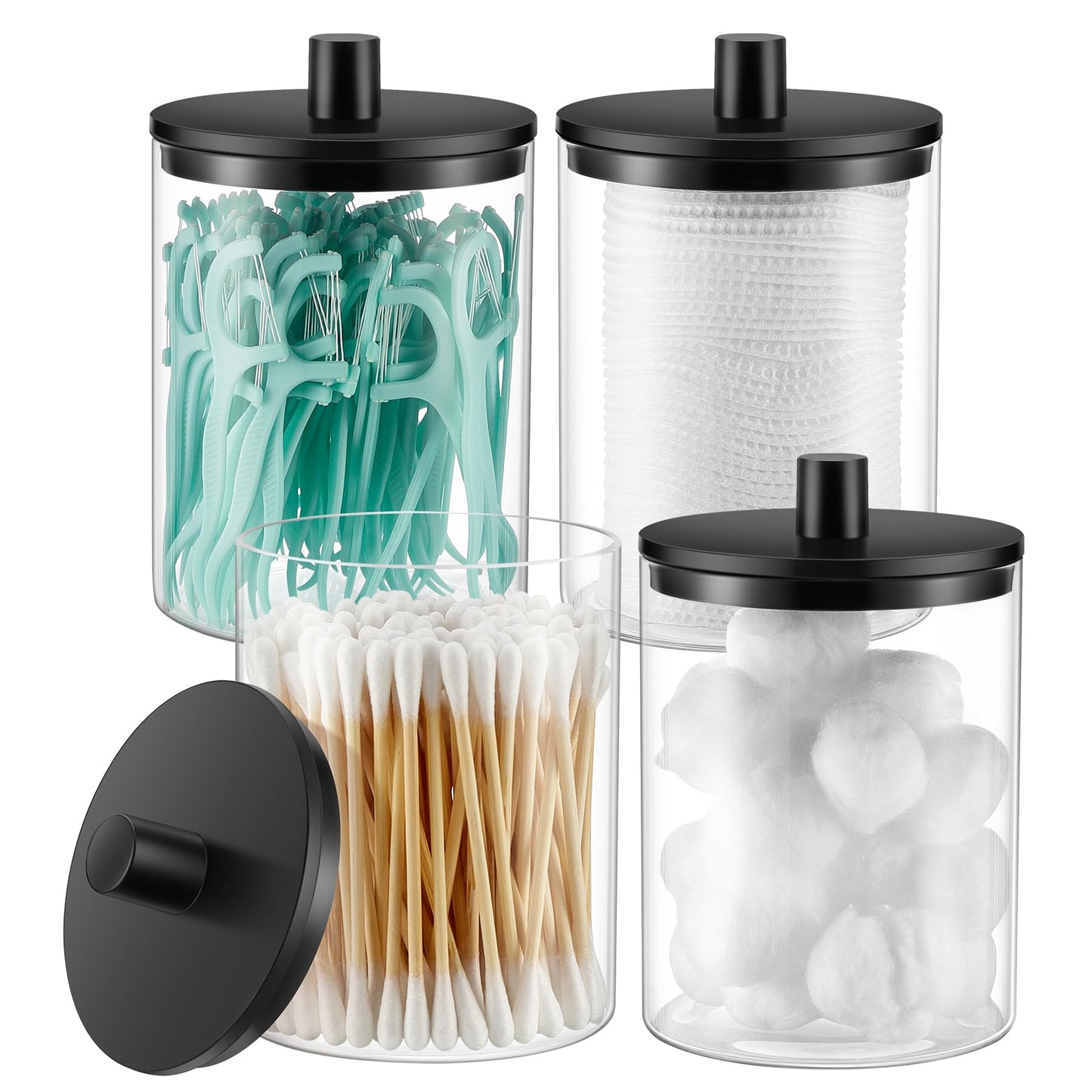 TIPGO Glass Qtip Holder Dispenser - 10 oz Clear Canister Apothecary Jar, Bathroom Vanity Storage Organizer Set for Cotton Swabs, Pads, Floss Picks, Small Containers for Makeup Storage (4 Pack, Black)