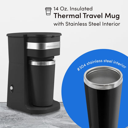Elite Gourmet EHC113 Personal Single-Serve Compact Coffee Maker, 14Oz Stainless Steel Interior Thermal Travel Mug