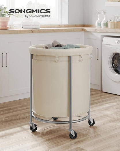 SONGMICS Rolling Laundry Basket - 50.2-Gallon Heavy-Duty Hamper Cart with Steel Frame & Locking Wheels - Cream White & Metallic Silver