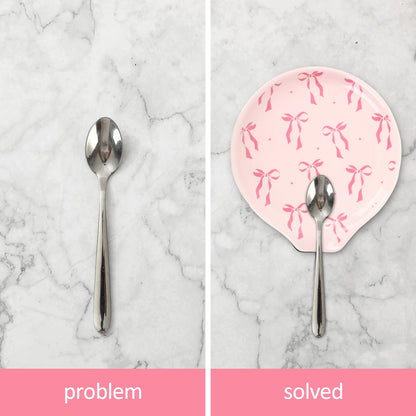 JarThenaAMCS 4.7inch Valentine's Day Pink Bow Spoon Rest Bowknot Small Coffee Ceramic Spoon Holder for Gift Coffee Stirrers Station Teaspoon Bar Stove Top Kitchen Counter Accessories