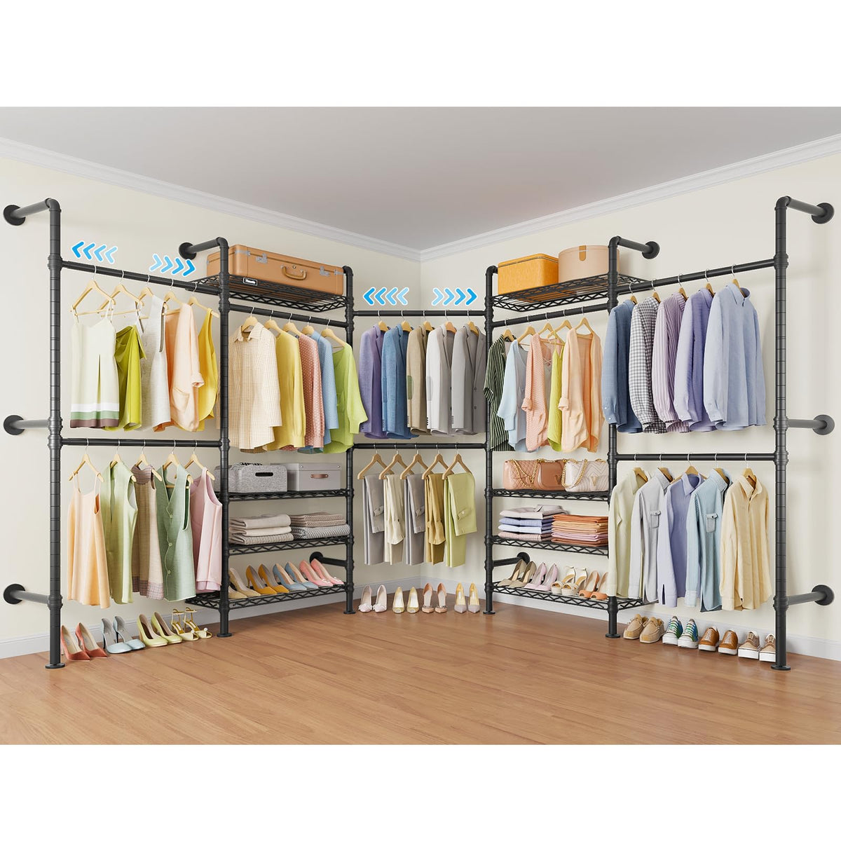 Timate L Shape Closet Rack Wall Mount for Corner, Heavy Duty Hanging Garment Rack Clothing Rack with 8 Adjustable Shelves & 4 Hanger Rods, Closet System for Hanging Clothes, Black