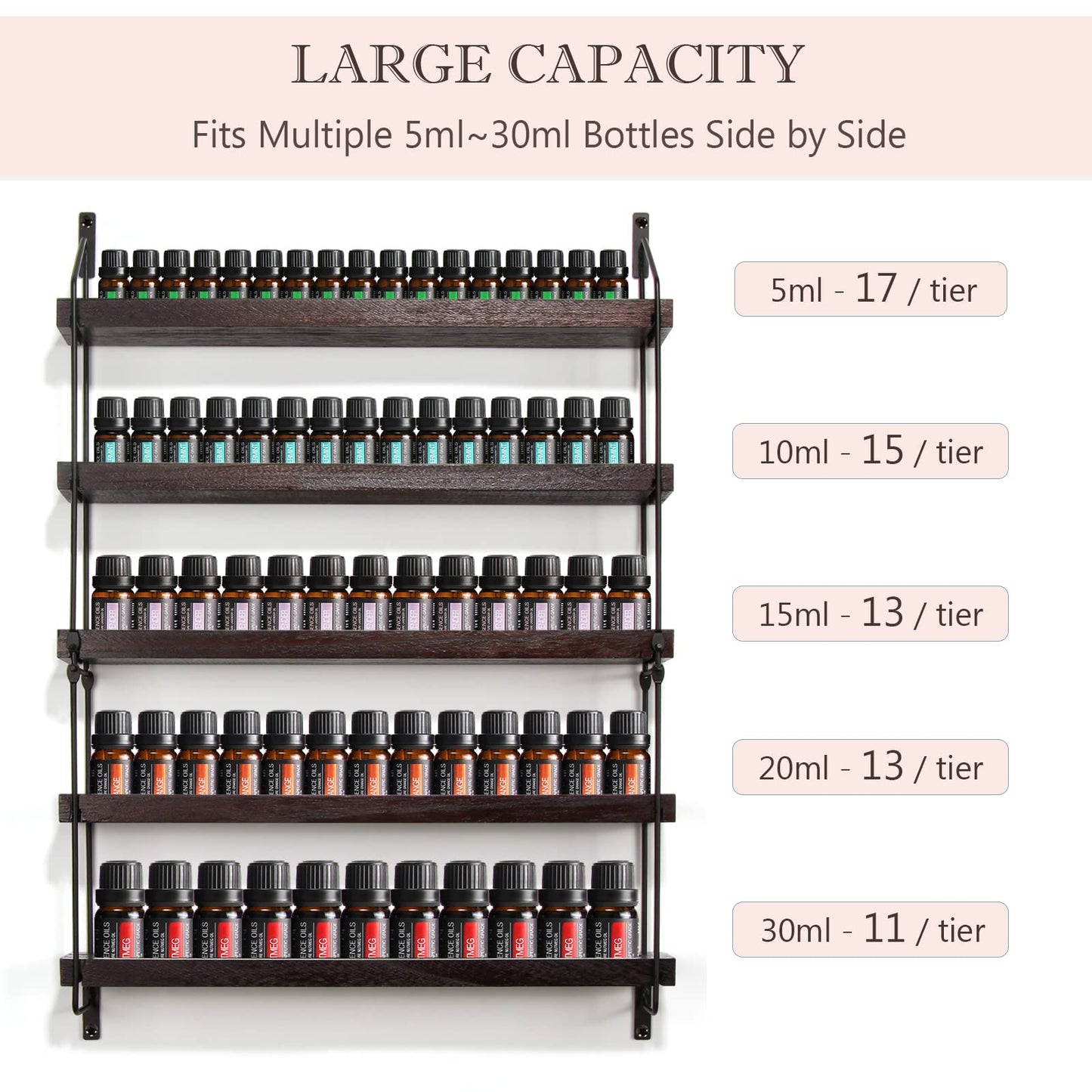 THYGIFTREE Essential Oil Storage Shelf Wall Mounted 16.9" Wooden Essential Oil Collection Display Rack Organizer 5 Tiers Holds 75 Bottles, Nail Polish Holder Paint Organizer