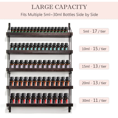THYGIFTREE Essential Oil Storage Shelf Wall Mounted 16.9" Wooden Essential Oil Collection Display Rack Organizer 5 Tiers Holds 75 Bottles, Nail Polish Holder Paint Organizer