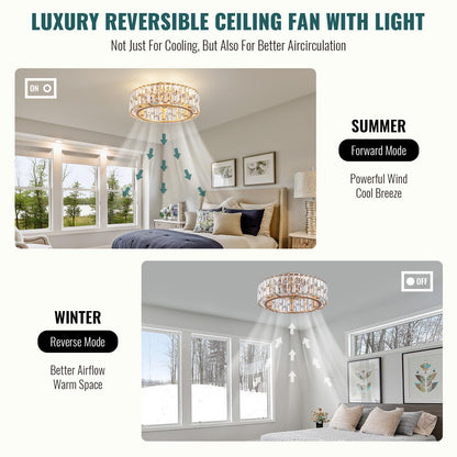 Siljoy 20’’ Gold Crystal Ceiling Fan with Light, Modern Caged Ceiling Fan with Lights and Remote, 6 Speeds Reversible Dimmable Quiet DC Motor Fandelier for Girl’s Bedroom Living Room, 6 x E12