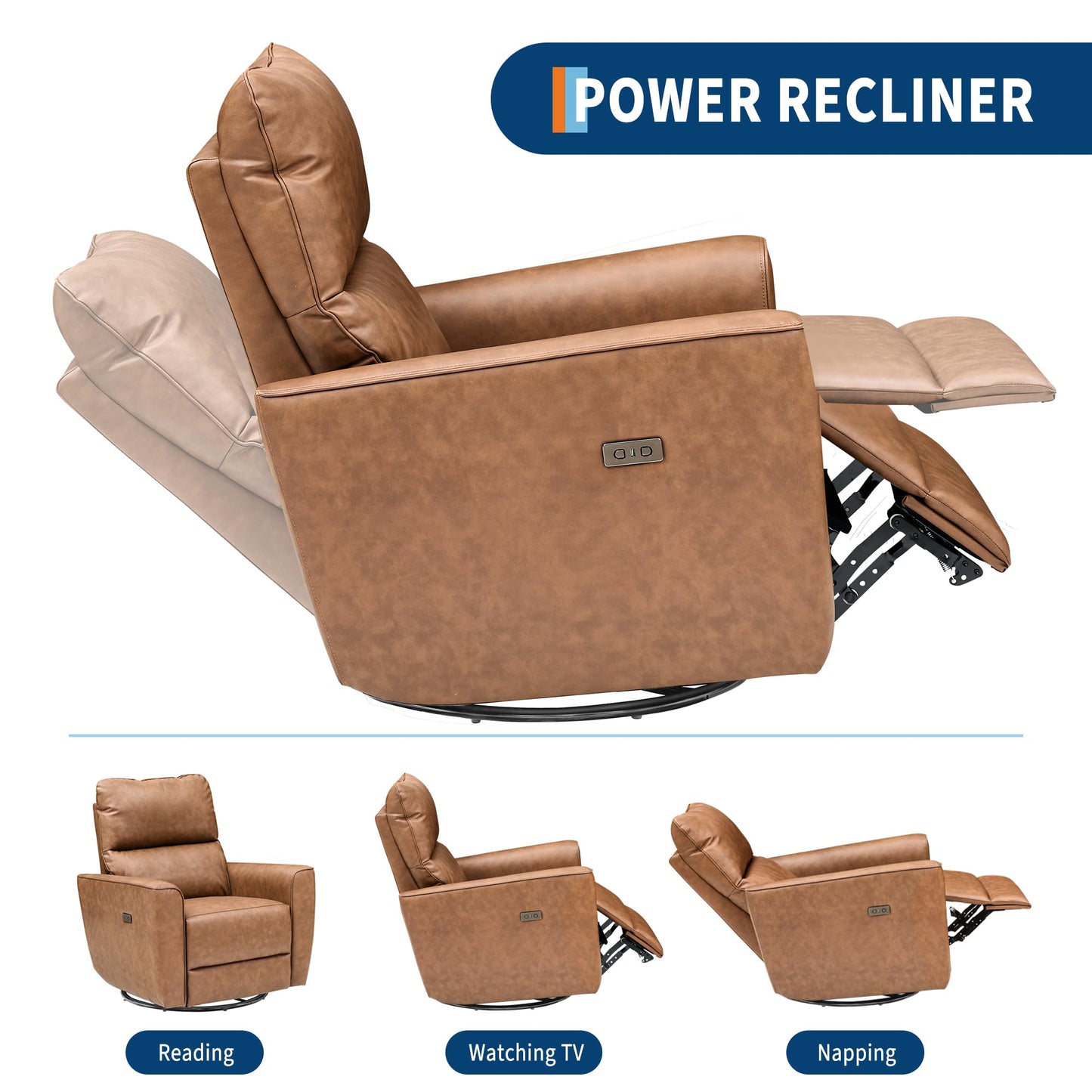 GarveeHome Power Recliner Chair, 270° Swivel Rocking Glider with USB Charging Port, PU Leather Upholstered Fabric, Ergonomic Modern Nursery Chair for Living Room, Bedroom, Nursery (Brown)
