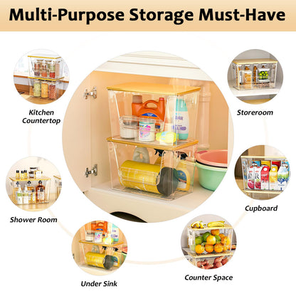 Delamu 2 Set Pantry Organizers and Storage, Trash Bag Holder Under Sink Organizer for 4-13 Gal Bags, Trash Bag Dispenser with Bamboo Top for Onion, Potato, Garlic, Clear (11-7/32"L*7" W*7-1/8"H)