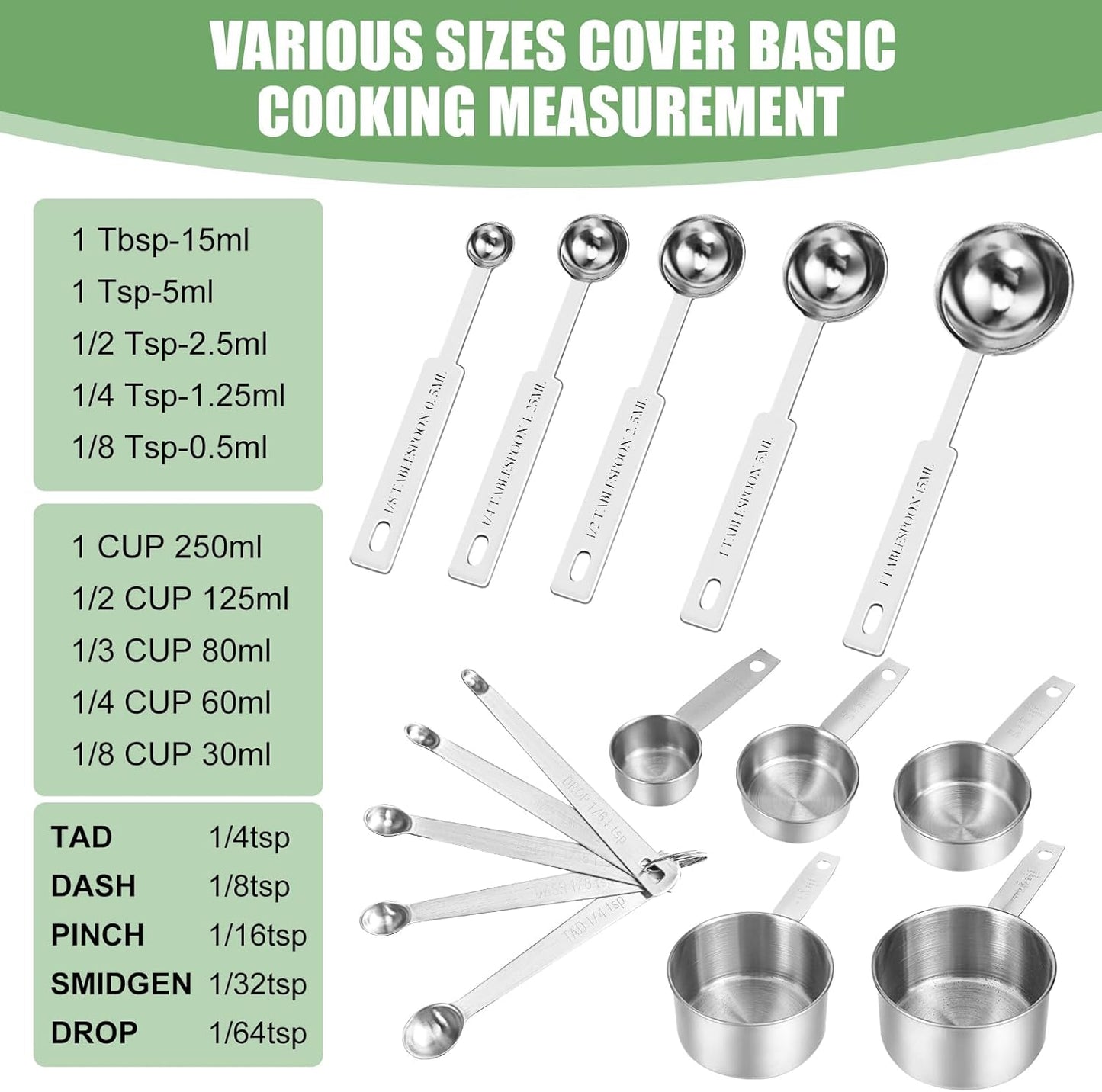 Measuring Cups and Spoons Set of 16, 5 Nesting Metal Cups, 5 Measuring Spoons, 1 Leveler, 5 Mini Spoons for Cooking.