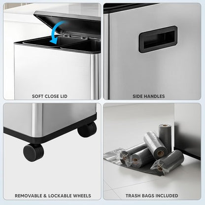 HOLDN’ STORAGE 60L Dual Kitchen Trash & Recycling Bin - Motion Sensor, Soft-Close Lid, Stainless Steel