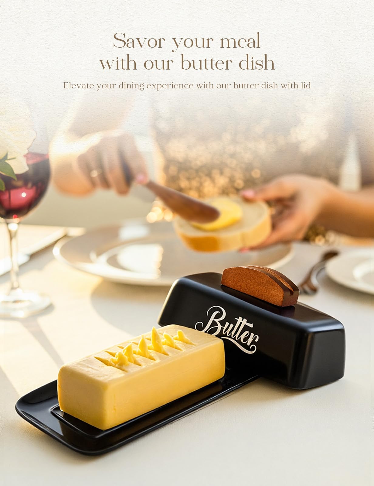 Black Butter Dish with Lid and Knife，Black Butter Tray，Ceramic Butter Holder for Counter Humanized Clamp-able Knife Handle Design Perfect for East West Coast Butter