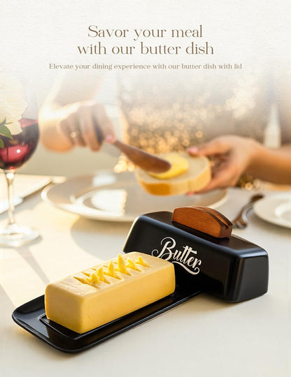 Black Butter Dish with Lid and Knife，Black Butter Tray，Ceramic Butter Holder for Counter Humanized Clamp-able Knife Handle Design Perfect for East West Coast Butter