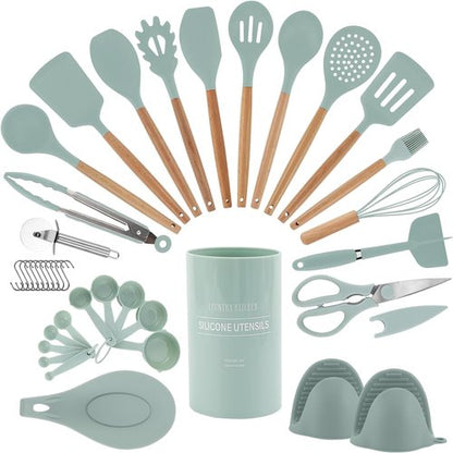 Country Kitchen Non-Stick Silicone Utensil Set - 38-Piece Cooking & Baking Tools in Mint