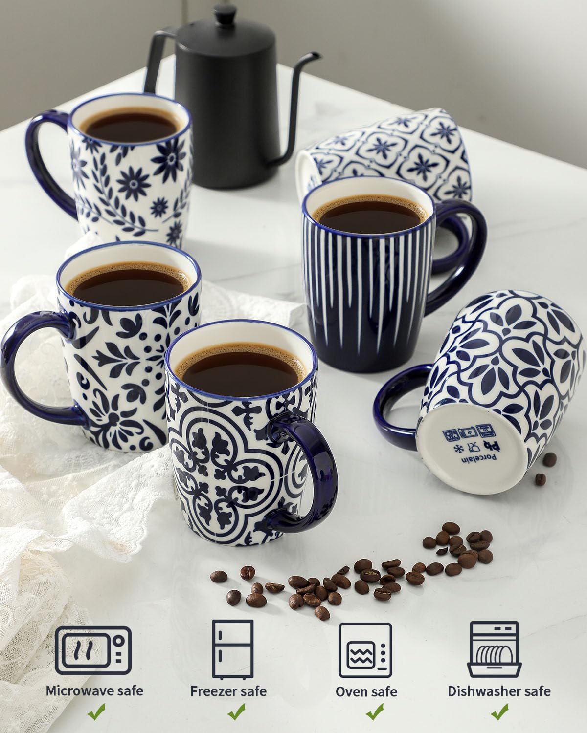 HASENSE Coffee Mugs Set of 6, 15OZ Ceramic Coffee Mugs with Blue and White Floral Patterns, Elegant Large Coffee Cups for Coffee, Tea, Latte & Cappuccino, Microwave & Dishwasher Safe, Vintage Blue