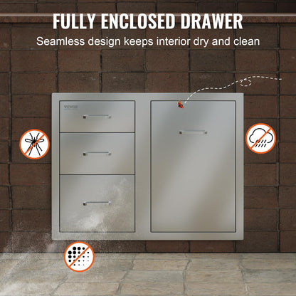 VEVOR Stainless Steel Cabinet, Outdoor Kitchen Door Drawer Combo 29.5" W x 22.6" H x 21.7" D, Access Door/Triple Drawers, Propane Drawer, Adjustable Garbage Ring, BBQ Island Patio Grill Station